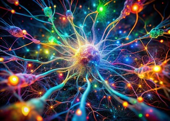 Fototapeta premium Vibrant Rainbow Neuron Network Inside Brain - Long Exposure Generative AI Art
