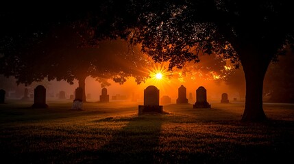 Sunrise over a misty graveyard.