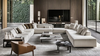 Obraz premium Modern sectional sofa in spacious living room with marble coffee table, large TV, and neutral color palette.