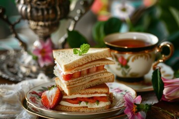Naklejka premium Delicate club sandwiches filled with fresh strawberries, cream cheese, and a hint of mint, served alongside a steaming cup of tea, create a delightful afternoon tea experience