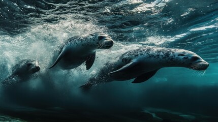 Obraz premium Three Seals Swimming Underwater with a Wave