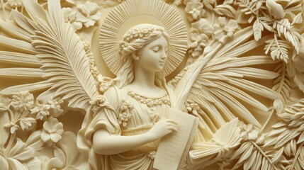 Fototapeta premium Intricate relief carving of an angel with wings, holding a scroll, surrounded by floral designs.