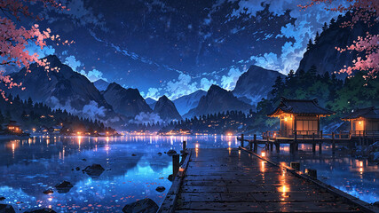 Magical anime sunset with vibrant clouds, wooden bridge with glowing lanterns, and a tranquil mountain lake Illustration