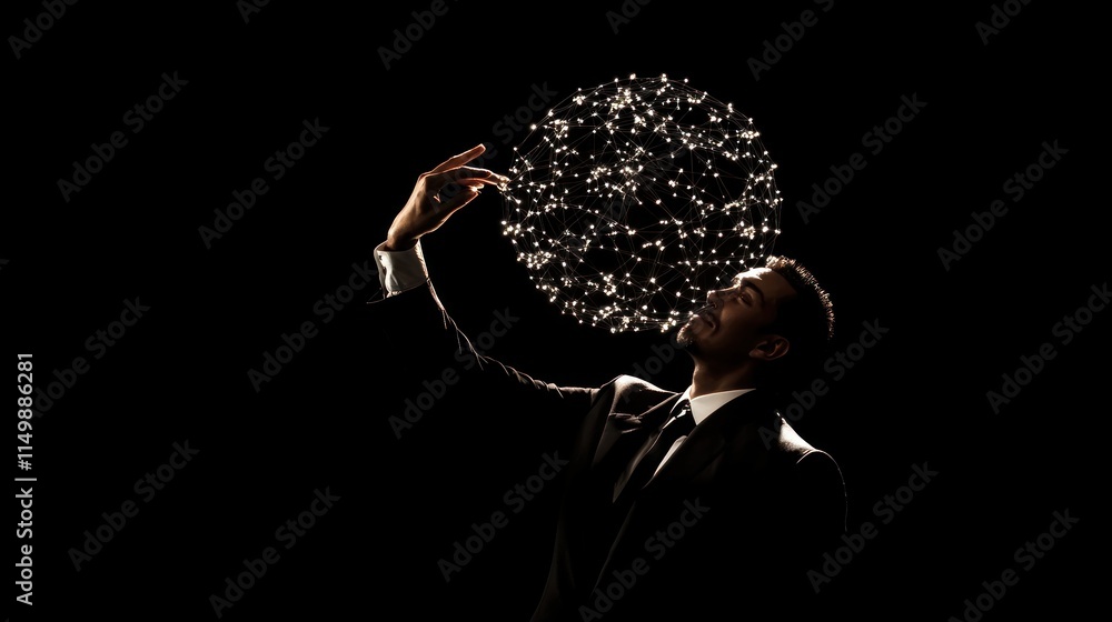 Poster man interacting with a digital sphere of data points in silhouette against a black background.