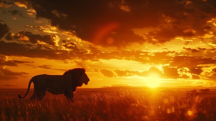 A lion silhouetted against a fiery sunset, dramatic clouds in the background,