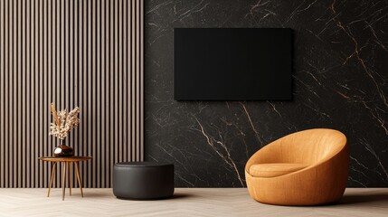 A modern living space featuring a cozy orange chair, a black pouf, and decorative elements against a stylish dark wall.