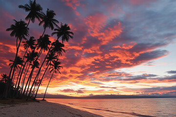 Fototapeta premium Stunning sunset over tropical beach with palm trees silhouetted Generative Ai