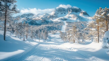 Fototapeta premium Snowy mountain path, winter wonderland, serene.
