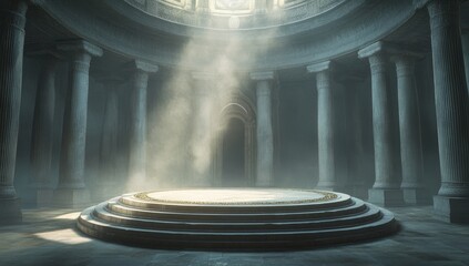 Mystical ancient stone rotunda with central platform, sunbeams, and columns.