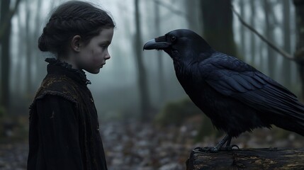 Fototapeta premium A Majestic Black Bird Perched on a Rustic Tree Stump Surrounded by Lush Greenery Evoking a Sense of Tranquility and Connection with Nature