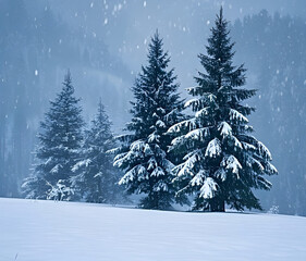 Naklejka premium Winter panorama landscape with a snow-covered forest and trees at sunrise. A winter morning marking the beginning of a new day. Winter landscape with sunset, panoramic view. 