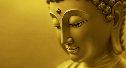 close up image of golden buddha statue. buddhist temple with golden buddha vishnu gods statue. yellow  Buddha statue in Thailand Buddha Temple.