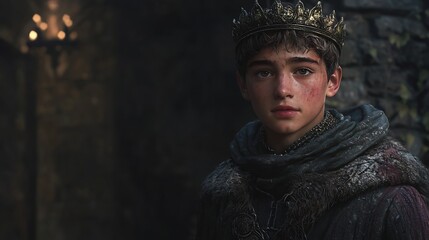 Obraz premium Young Boy Dressed in Regal Black Cloak and Crown Exuding Royalty and Imagination in a Whimsical Outdoor Setting Capturing Childhood Dreams and Joy