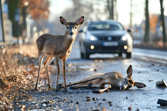 Young deer looking at dead fawn on road after car accident