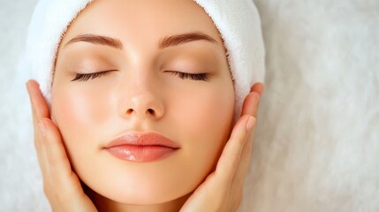 Calm Woman with Closed Eyes and Towel on Head Relaxing at Spa