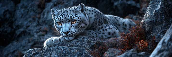 Obraz premium A snow leopard creeping across a granite slope, its eyes glowing in the twilight, with lichen softly illuminating the dark rocks. 