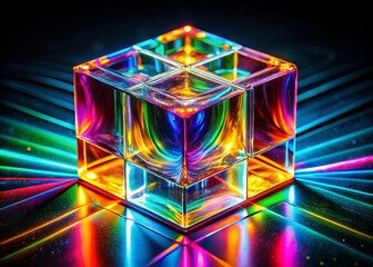 Glowing Cube Abstract Art: Worm's Eye View, Vibrant Colors, Dark Background