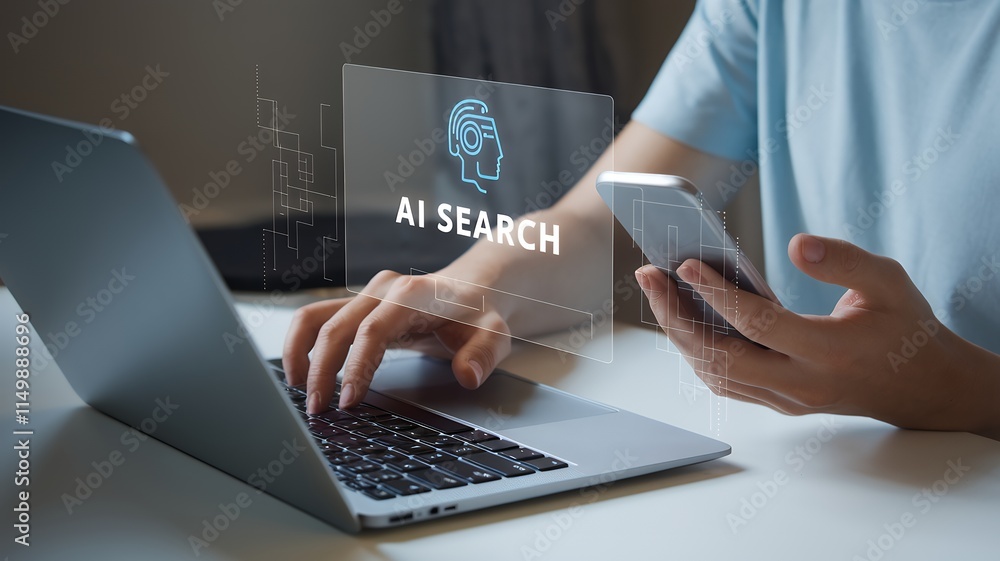 Aufkleber Man using smartphone and laptop with AI search engine for data optimization via artificial intelligence technology