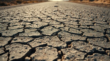 Obraz premium Arid landscape showing cracked earth along a roadway, a stark visual of drought conditions