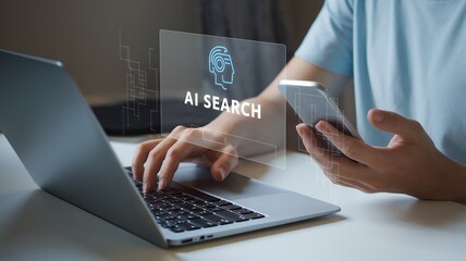 Man using smartphone and laptop with AI search engine for data optimization via artificial intelligence technology