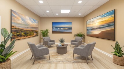 Fototapeta premium Serene waiting area with ocean sunset artwork, comfortable seating, and potted plants.