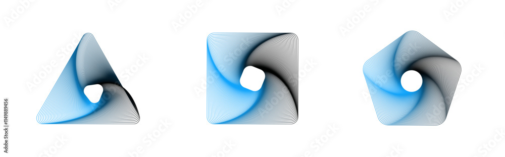 Poster set of abstract swirling figures. vector colors 3d tunnel. twisted wireframe lines. curved symbols o