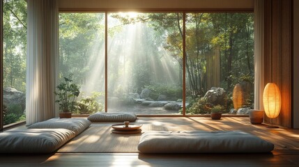 Serene room, floor cushions, forest view, sunlit.