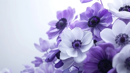 Obraz premium Anemone flowers in purple and white with bold black centers on a white background.