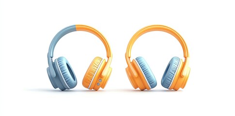 Two pairs of headphones, one blue and one orange, on a white background.