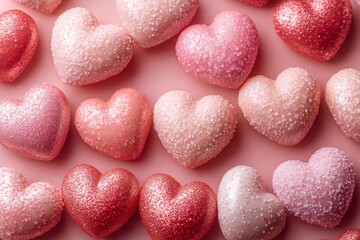 Obraz premium Pink and peach glittery and sugary hearts forming a background for valentine's day