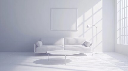 Minimalist, modern living room interior design mockup with empty frame, sofa, and coffee table in a bright, sunlit room.
