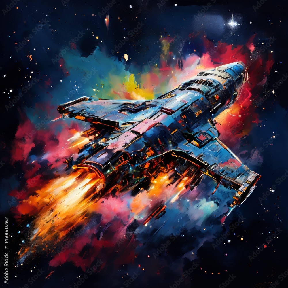 Poster a colorful spaceship shoots through space, leaving a trail of vibrant flames and energy in its wake.