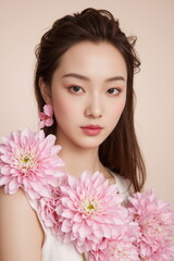 Fototapeta premium Beautiful Asian Woman with pink flowers portrait