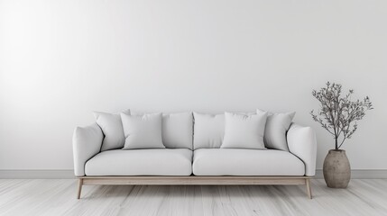 A white couch placed in a minimalistic room with plain white walls