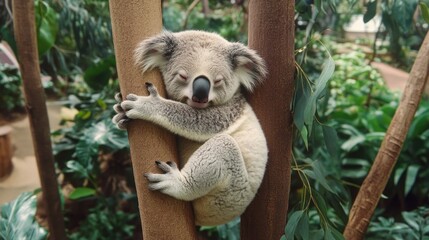 Obraz premium Adorable koala bear sleeping soundly while clinging to a tree trunk in a lush green habitat.