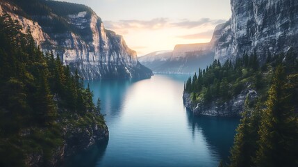 Serene sunrise over a calm lake nestled between majestic mountains and lush evergreen forests.