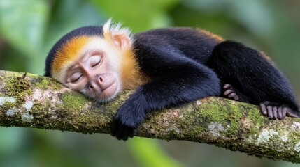 Naklejka premium Sleepy golden-mantled tamarin monkey resting on a mossy branch in lush green foliage.
