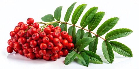 Vibrant Rowan Branch with Berries and Leaves Isolated on White - Autumn Stock Photo