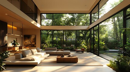 Fototapeta premium Sunlit modern living room with floor-to-ceiling windows overlooking lush garden.