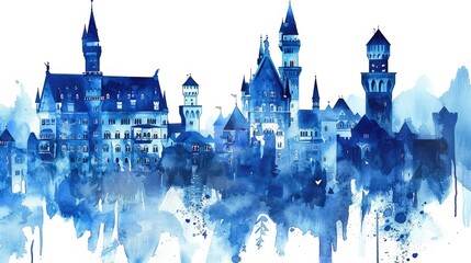 Blue watercolor castle isolated on white background.