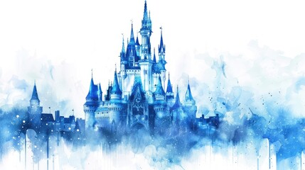 Fototapeta premium Blue watercolor castle isolated on white background.