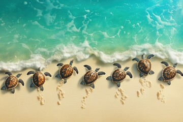 Fototapeta premium Marine conservation: turtles on a beach with sparkling water