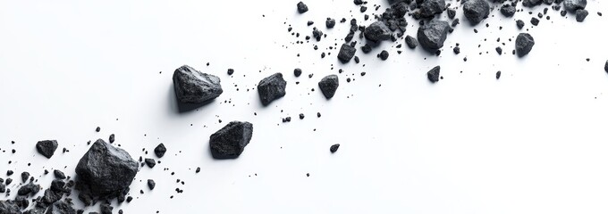 Scattered dark grey stones on white background.