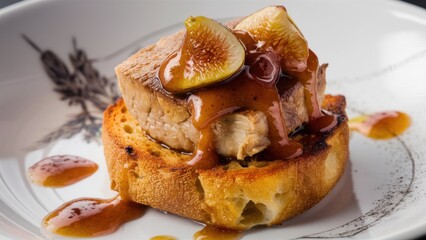 Dishes with juicy foie gras on golden toasted bread with a crispy crust. The dish is generously sprinkled with sweet and spicy fig confit, which gives the dish a unique color and flavor.