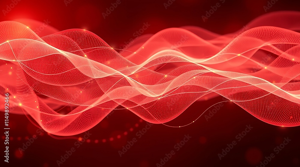 Poster abstract red waves: seductive curves of translucent red, infused with shimmering particles, dance in
