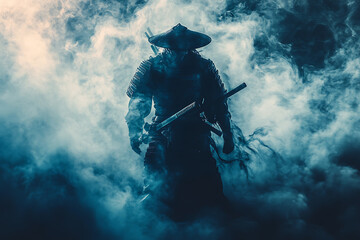 A lone Samurai warrior stands amidst a mystical blue fog, his katana gleaming faintly.  A powerful image evoking mystery and ancient Japanese culture.