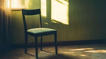 Fototapeta premium A solitary chair sits in a sunlit room, casting shadows on the wall and floor.