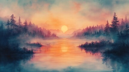 Fototapeta premium Misty sunset over calm lake, silhouetted trees.