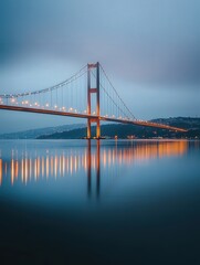 Fototapeta premium Istanbul Bridge, lit up against the backdrop of the Bosphorus Strait. The bridge spans gracefully across the water