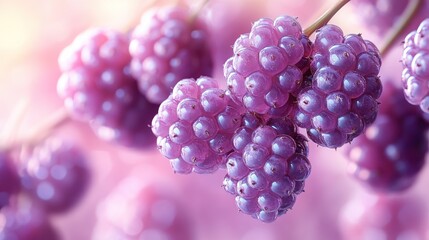 Close-up of vibrant purple berries on a branch, illuminated by soft sunlight.